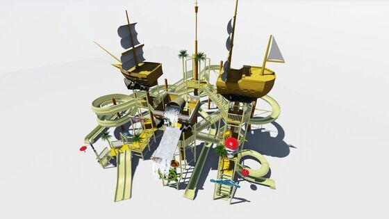 Structure de jeu aquatique de navire pirate avec seau à bascule géant et construction en fibre de verre pour enfants Équipement de parc aquatique