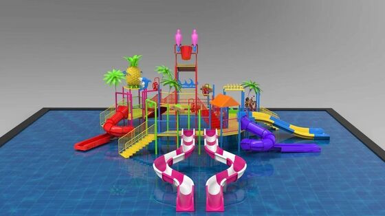 Structure de jeux aquatiques à thème tropical avec seau basculant géant et plusieurs toboggans pour parc aquatique